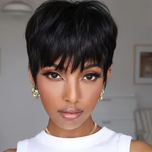 Pixie Cut Synthetic Wig for Women, 180% Density, Machine-Made Non-Lace with Rose Net Cap, Basic Style, Glueless Straight Wig with Bangs, Universal Fit - Woven Wigs