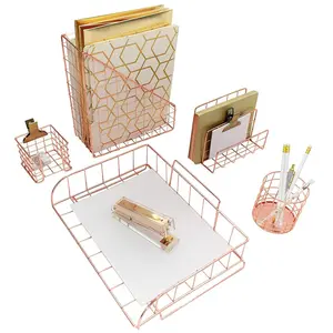 Blu Monaco Rose Gold Desk Organizer - 5 Piece Desk Accessories Set - Letter - Mail Organizer, Paper-Document Tray, Pen Cup, Magazine File Holder - Rectangle Pattern - Office Supplies Stationery Décor - 4.5" x 10" x 1..25", 3.88" x 3.88", 7" x 3.25" x 5.5"