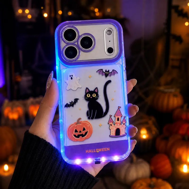 Glow-in-the-Dark TPU Phone Case Cover, Halloween-Themed Black Cat Ghost Pumpkin Pattern, Protective Accessory for iPhone 13-18 Pro Max & Samsung Galaxy S24-S26 Plus/Ultra, Accessories