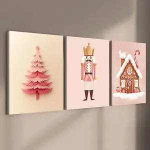 Christmas Themed Wooden Framed Canvas Painting, 3 Counts Nutcracker & Tree & Chocolate Hut Pattern Wall Art, Wall Decor for Living Room Bedroom Office