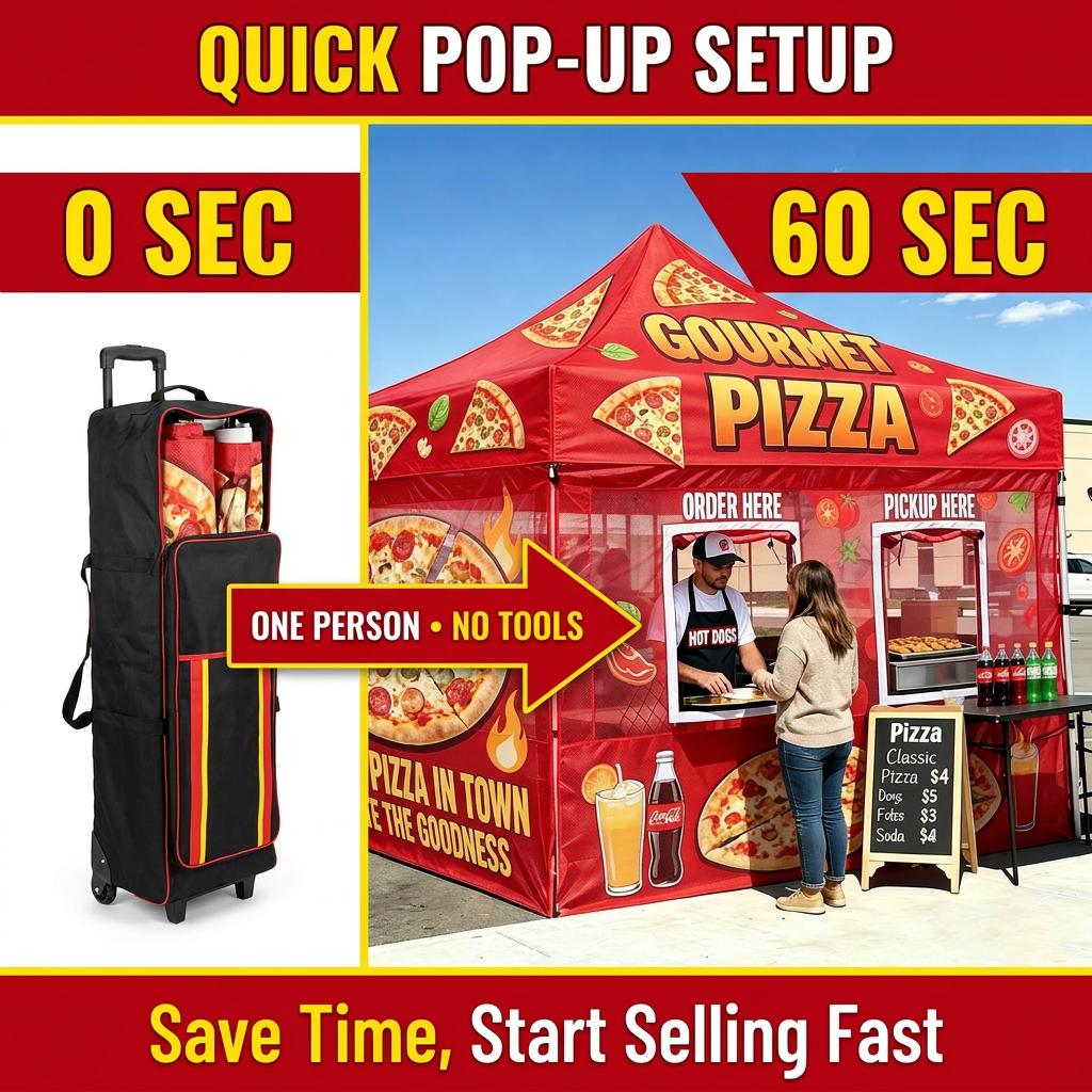 Pizza Booth Tent Dye Sublimation Printing Retractable Tent Business Event Flame Resistant Pop-Up Vendor Canopy for Food Festivals & Street Stalls with Wheeled Carry Bag