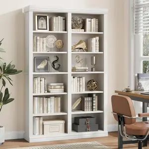 White Extra Large Freestanding 74.5 Inch Tall 6-Tier Bookshelf with Double Storage and 12 Cubbies for Living Room or Office