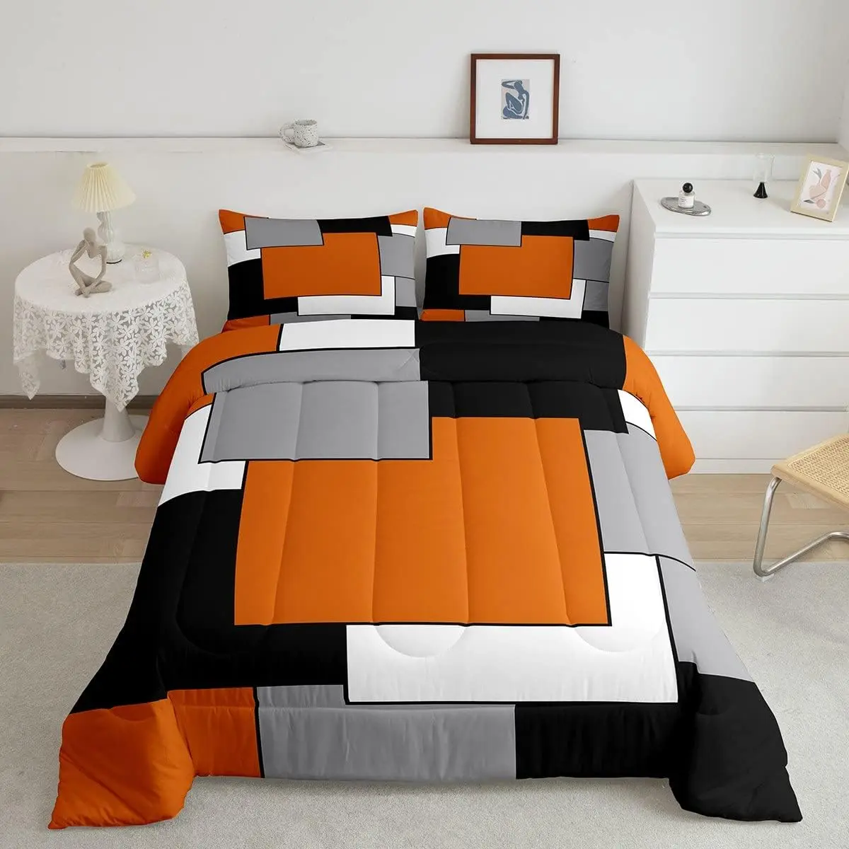 Feelyou Multi-Size Polyester Breathable Duvet Cover Set - Orange White Black Grey Abstract Geometric, Travel-Friendly, Modern Simple Vintage Microfiber Bedding for Youth Bedrooms, Ideal for Modern Bedrooms, Duvet Cover Sets, Modern Bedroom