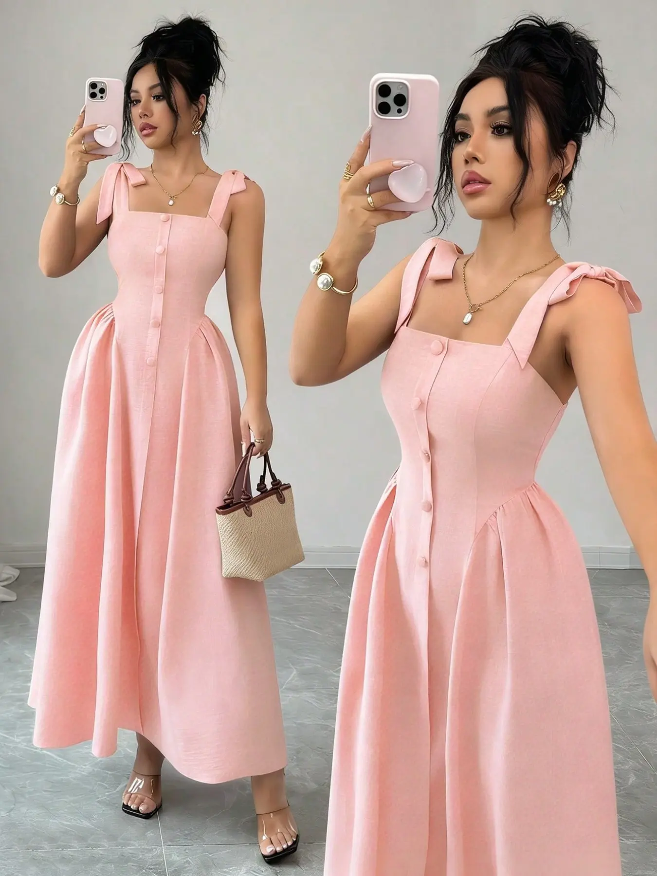 Elegant Women's Solid Color Bow Tie Strap Long Party Dress, Stylish Evening Gown, Perfect for Special Occasions, Chic and Timeless Design