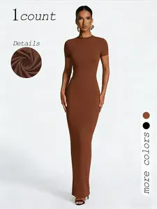 Women's Sexy Casual Round Neck Short Sleeve Bodycon Long Dress, Slimming Waist Design, Comfortable Soft Fabric, Perfect for Daily Wear