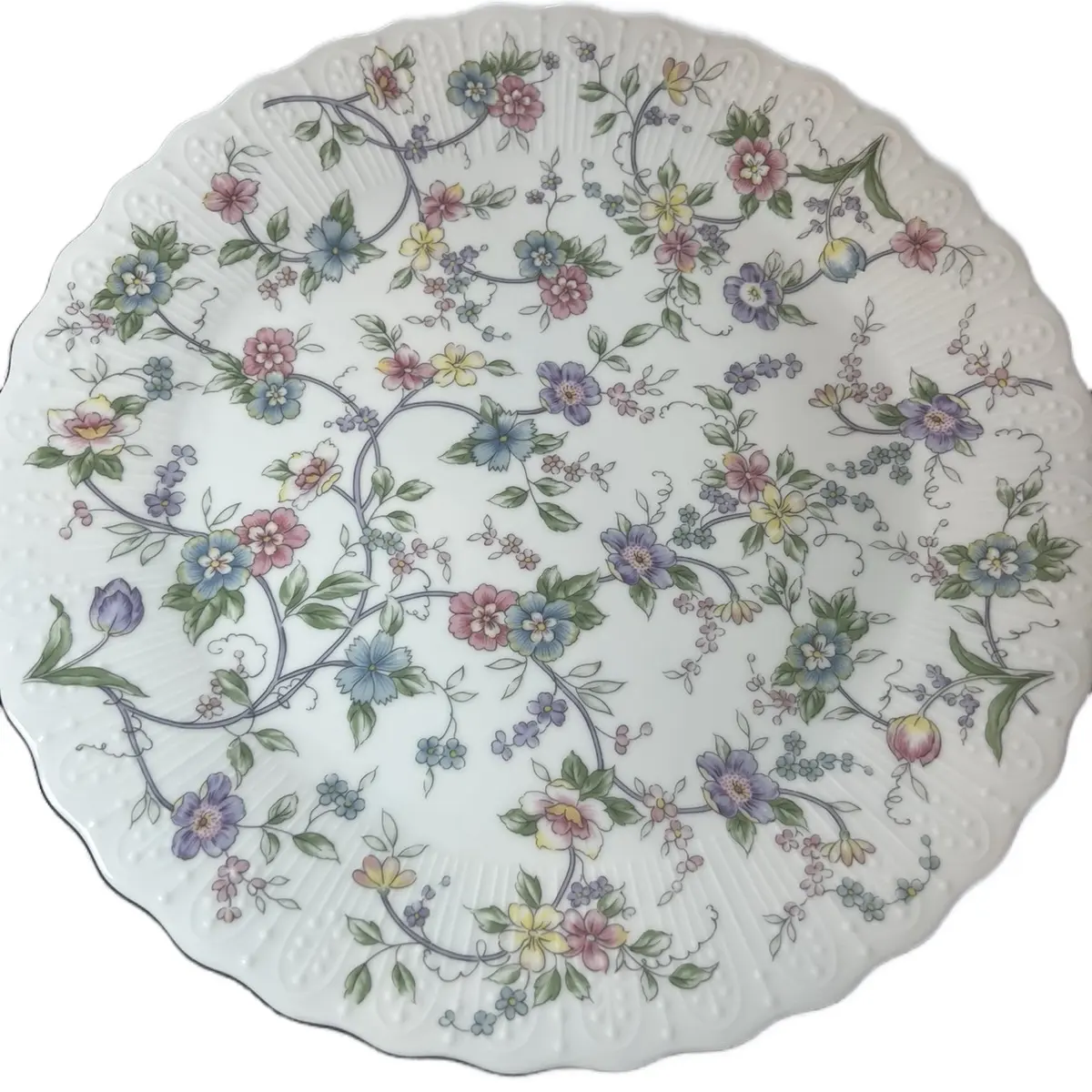 Rare Andrea by Sadek, Collection 10.5" Corona patterned Cake plate, white porcelain & pastel colored floral design with embossed scalloped gold trim.  Collector's Edition  Vintage