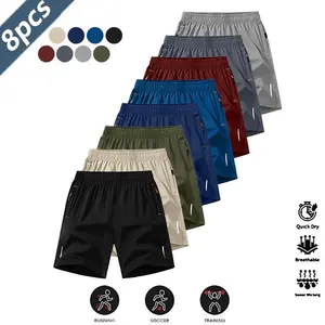 Men’s quick-dry breathable shorts, 8-pack, casual athletic style, wrinkle-resistant design, polyester blend, solid color, reflective stripes, suitable for running, soccer, badminton, basketball, table tennis, weightlifting, gym workouts, and more. Men's S