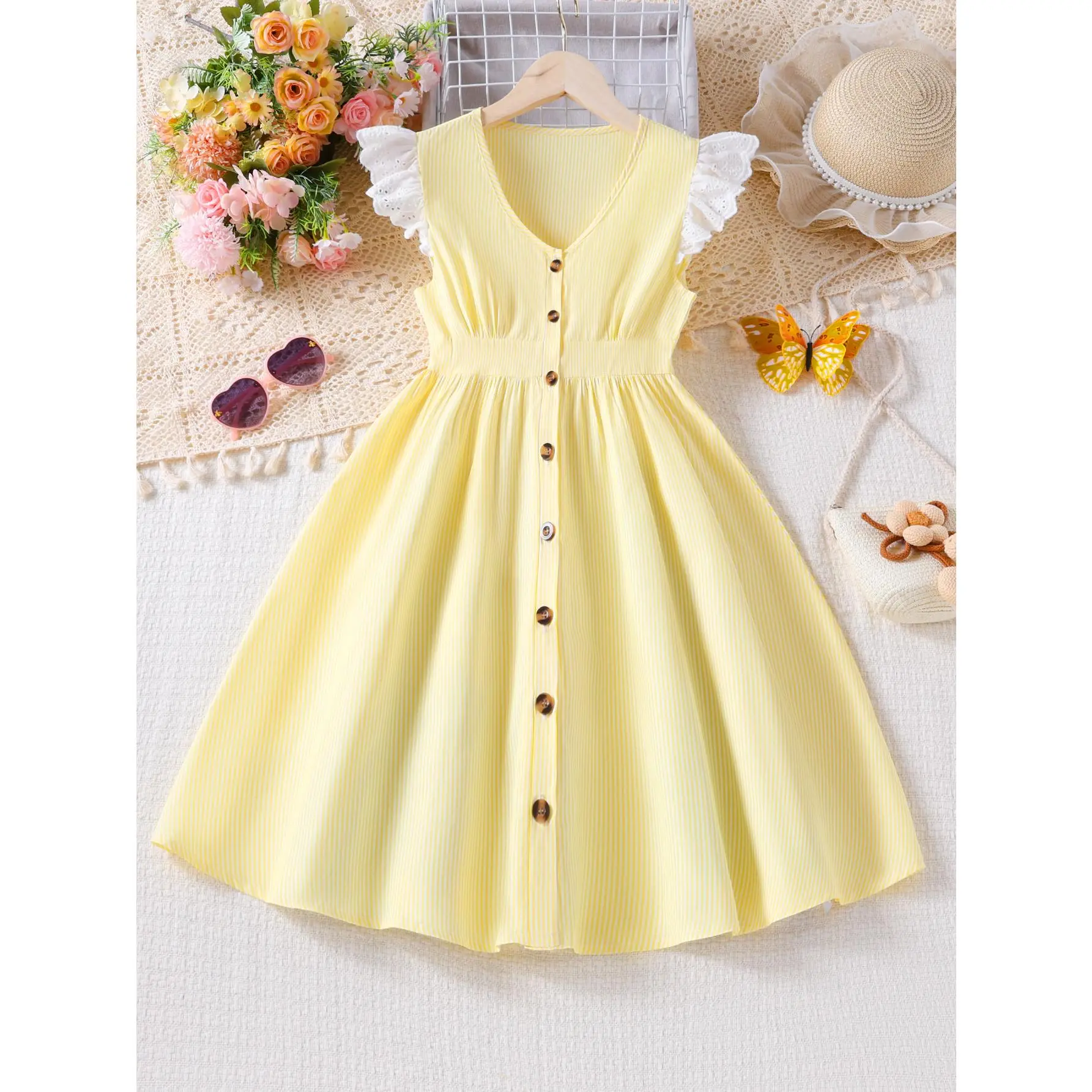 Ready Stock Summer yellow Dress For 8-12Y Girls set Stripes Lace Ruffle Flutter Sleeve Button Down A-Line Dress S2075