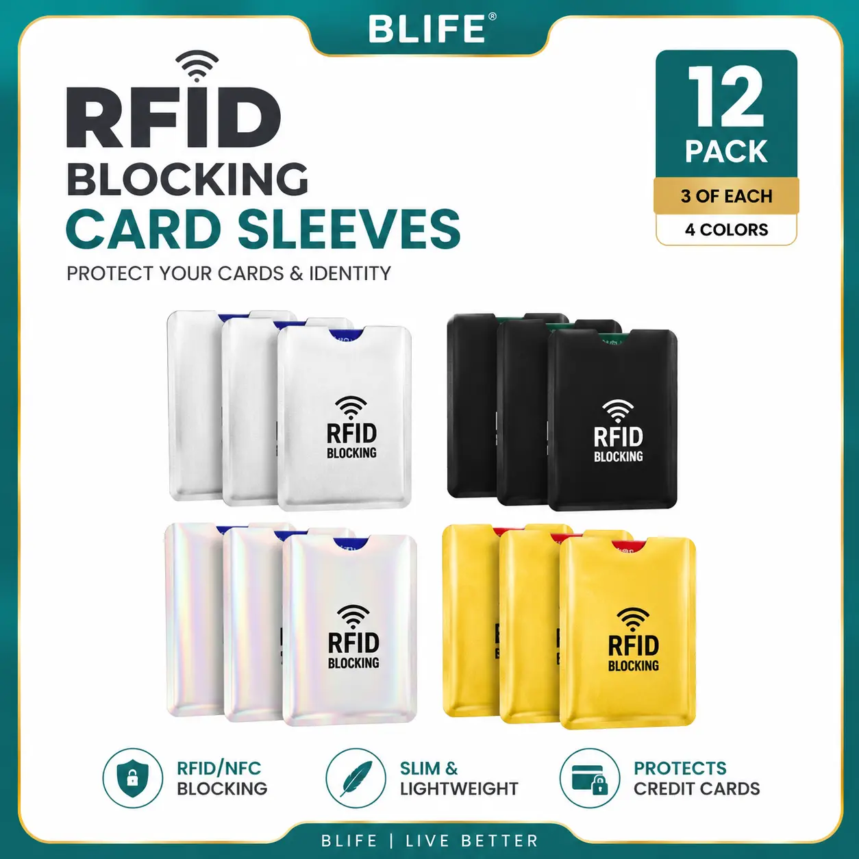 BLIFE 12 Pack RFID Blocking Card Sleeves, Credit Card Protector Sleeves, NFC Blocking Wallet Card Holders for Men & Women
