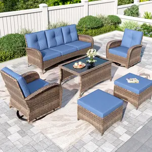 PHI VILLA  7-Seat Wicker Outdoor Patio Furniture Set with 2 Swivel Glider Rocking Chairs, 3-Seat Sofa, 2 Ottomans & Glass Top Coffee Table, 6-Piece Outdoor Patio Conversation Set, Navy Blue