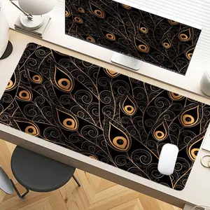 Golden Peacock Feather Desk Pad Gaming Mousepad XXL Mouse Pad For Laptop Desk Mouse Pad Extra Large With Non-Slip Rubber Base Stitched Edges Surface For PC Gamers Office Workers & Home Use Holiday Gift Idea