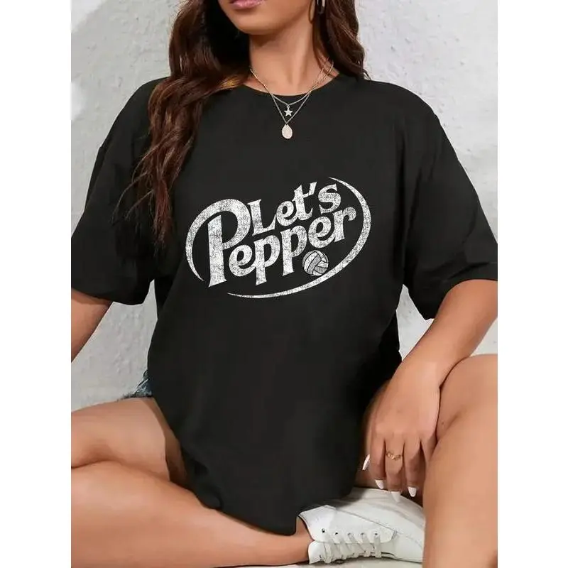 Women's 25% Cotton Distressed Round Neck Short Regular Sleeves Graphic Print Tshirt - Unisex Cut Volleyball Let's Pepper Practice Sports-Inspired Gym-To-Streetwear Casual Tops, Sports-Inspired Women's T-Shirts