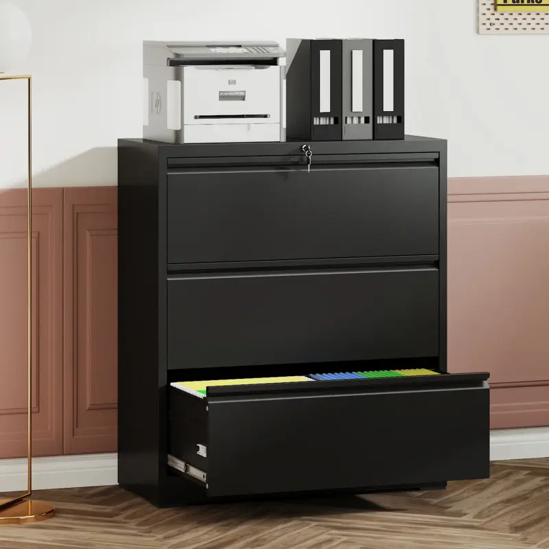 3 Drawer Lateral File Cabinet with Lock, Metal File Cabinets for Home Office, Steel Heavy-Duty Filing Storage Cabinet for Letters/Legal/A4 (Require Assembly, Black)