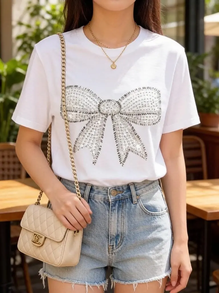 Women's Rhinestone Bow Graphic Cotton T-Shirt, Y2K Sparkly Bow Print Oversized Streetwear, Short Sleeve Elastic Casual Summer Top, Trendy Coquette Aesthetic Fit for Women summerwins