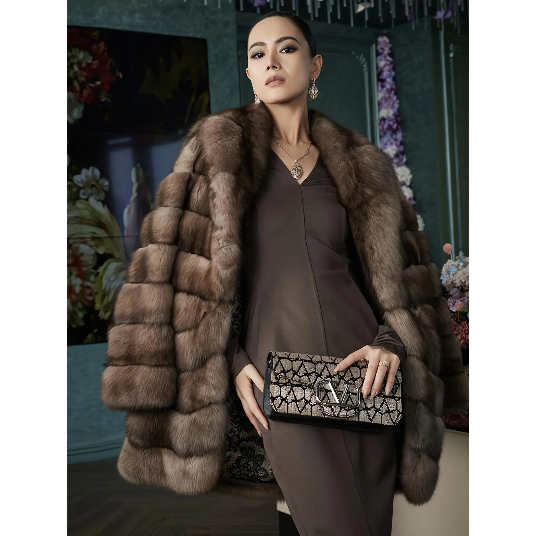 Faux Sable Fur Coat for Women, Elegant No-Fuss A-Line Single-Breasted Long Sleeve Design, Full-Length Winter Party Wear, A-Line Cut, Regular Sleeve, Loose-Fit
