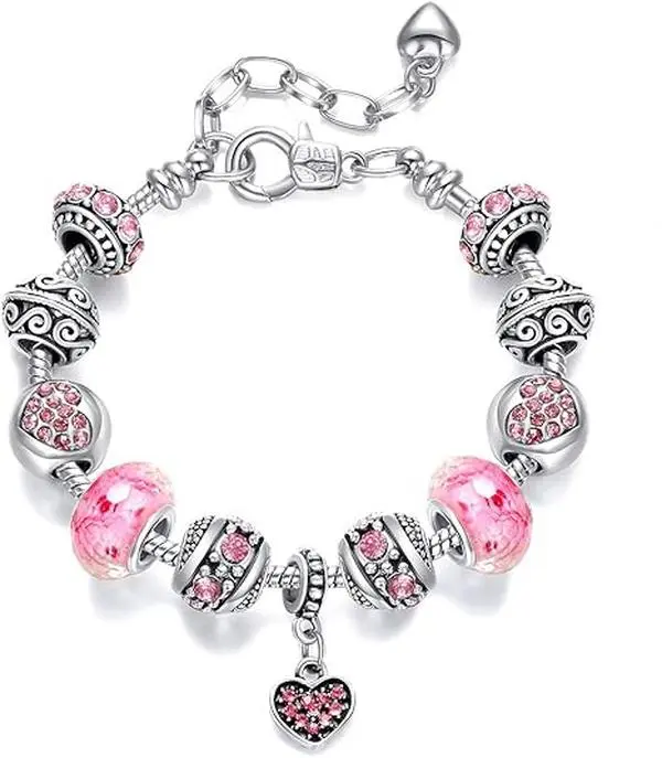 Pink paired with silver plated pendant bracelet set, jewelry gift with beads, pendant, and adjustable snake chain, suitable for 7.5 inches+1.5 inches