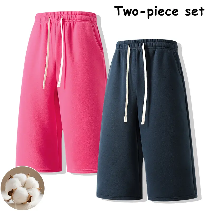 Skin-friendly pure cotton men’s 2-pack cropped sweat shorts/capri pants in bright and neutral solid tones, loose wide legs, drawstring, soft and breathable—four-piece bottom set