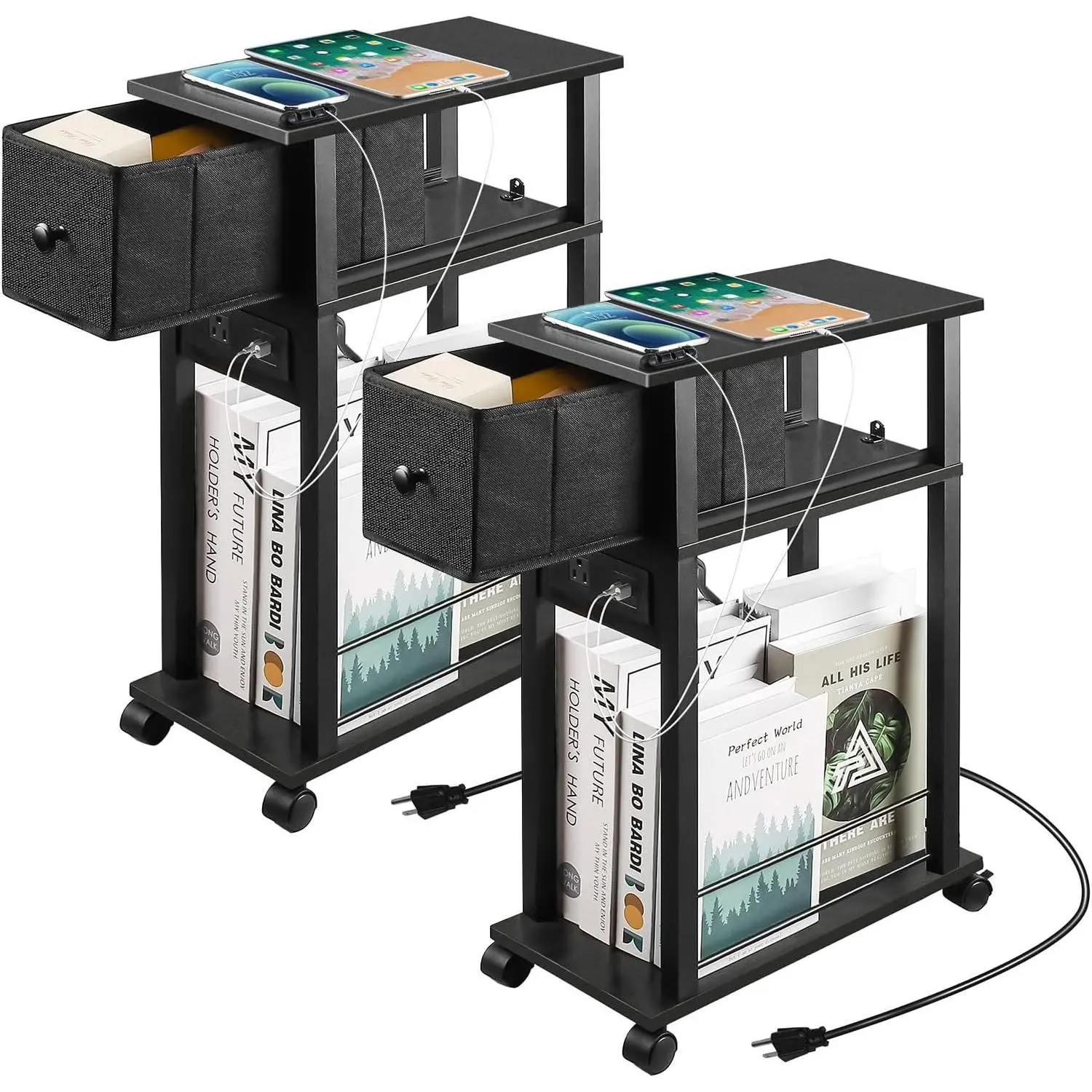 Side Table Set of 2,Side Table with Charging Station and Drawer, Narrow End Table with USB Ports and Outlets for Small Space, Living Room, Bedroom and Office, with 4 Wheels