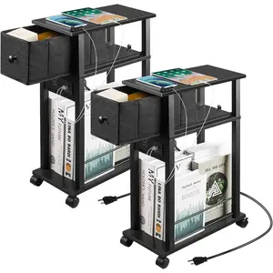 Side Table Set of 2,Side Table with Charging Station and Drawer, Narrow End Table with USB Ports and Outlets for Small Space, Living Room, Bedroom and Office, with 4 Wheels