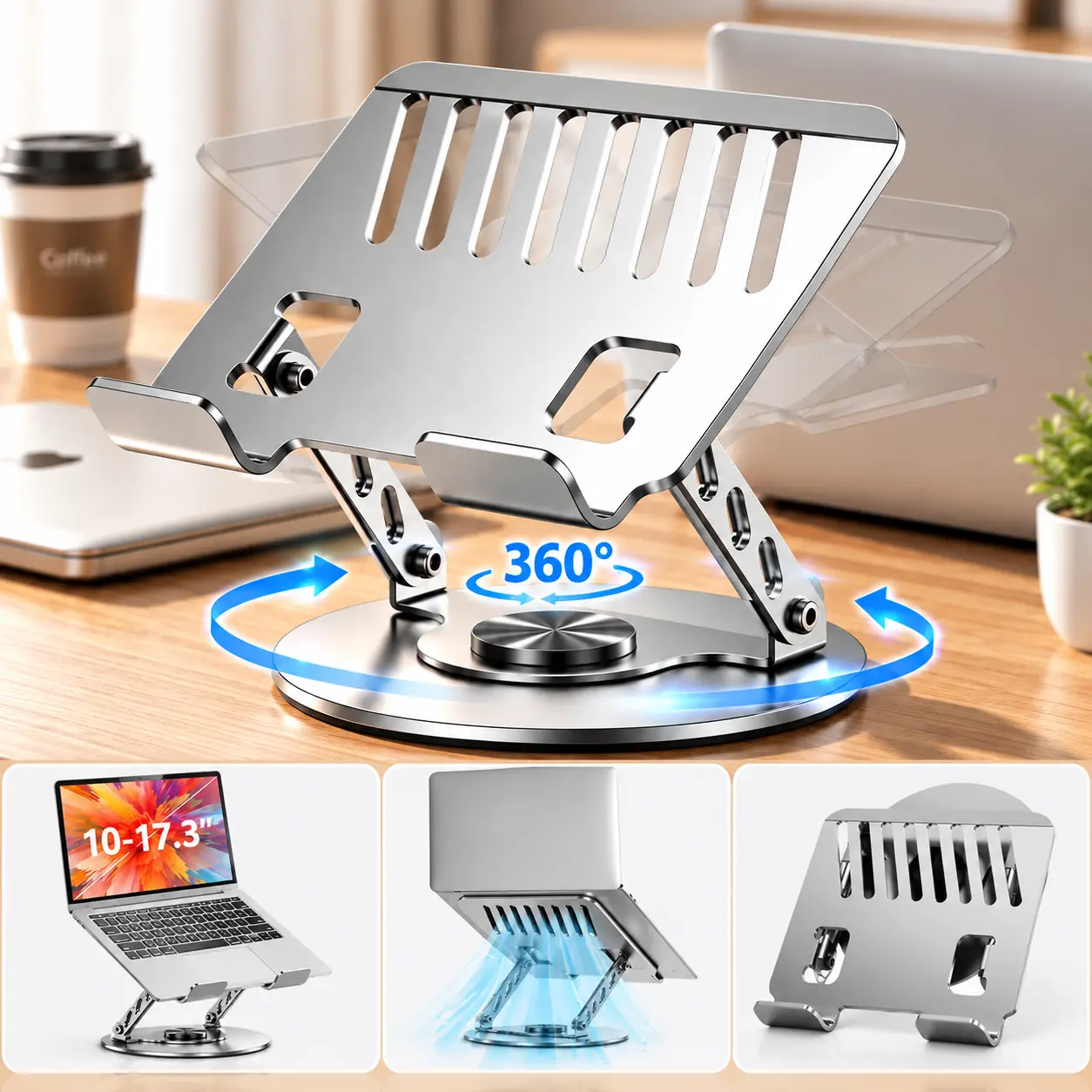 Ergonomic Adjustable Laptop Stand & Tray - 360° Swivel Carbon Steel Holder, Height-Adjust Tabletop Riser with Adjustable Arms, Foldable Elevated Cooling Design, Neck Pain Relief, Fits 10-17 Inch Notebooks, MacBooks & Tablets