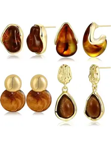 Gold Acrylic Teardrop Earrings Set for Women, 14K Gold Plated Brown Resin Tiger Eye Stud Earrings, Open Drop Chunky Hoops Translucent Hypoallergenic Vintage Fashion Jewelry Gifts