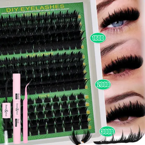 Spikes Lash Cluster Extensions 160D 200D 300D Thick, Fluffy, Spiky Individuals Lashes 8-18mm Mega Wispy Eyelash Extension DIY D Curly Lash Extension Spiky Cluster Eyelash Extensions Anime Fairy Cluster Lashes 180Pcs/260pcs DIY at home
