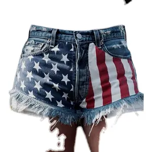 Women’s denim shorts with American flag stars-and-stripes print, distressed finish