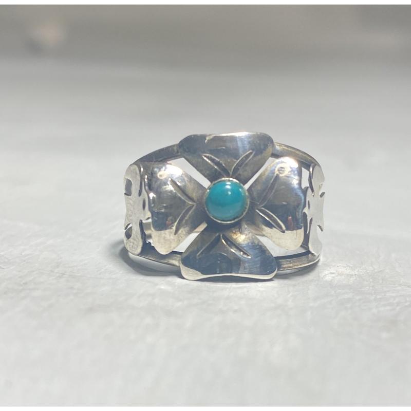 Turquoise ring size 8.25 flower bird 4 leaf clover good luck Mexico sterling silver band women girls