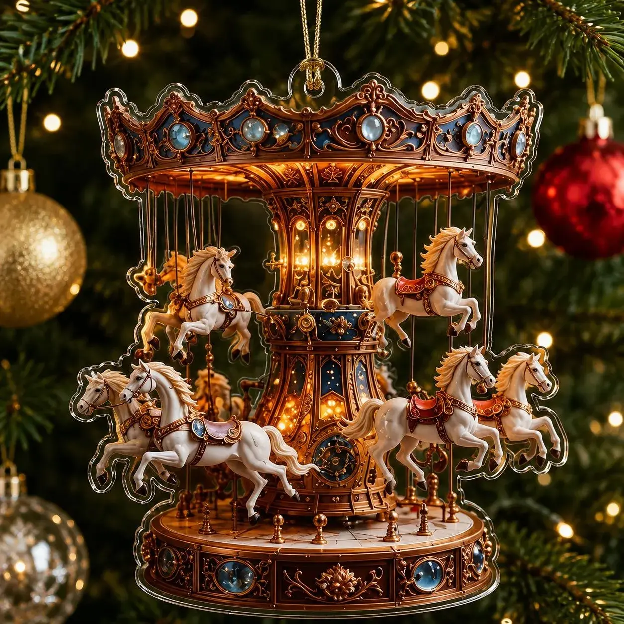 Vintage Carousel Horse & Royal Clock Acrylic Christmas Tree Ornament, Magical Fairytale Holiday Hanging Decoration for Home Decor
