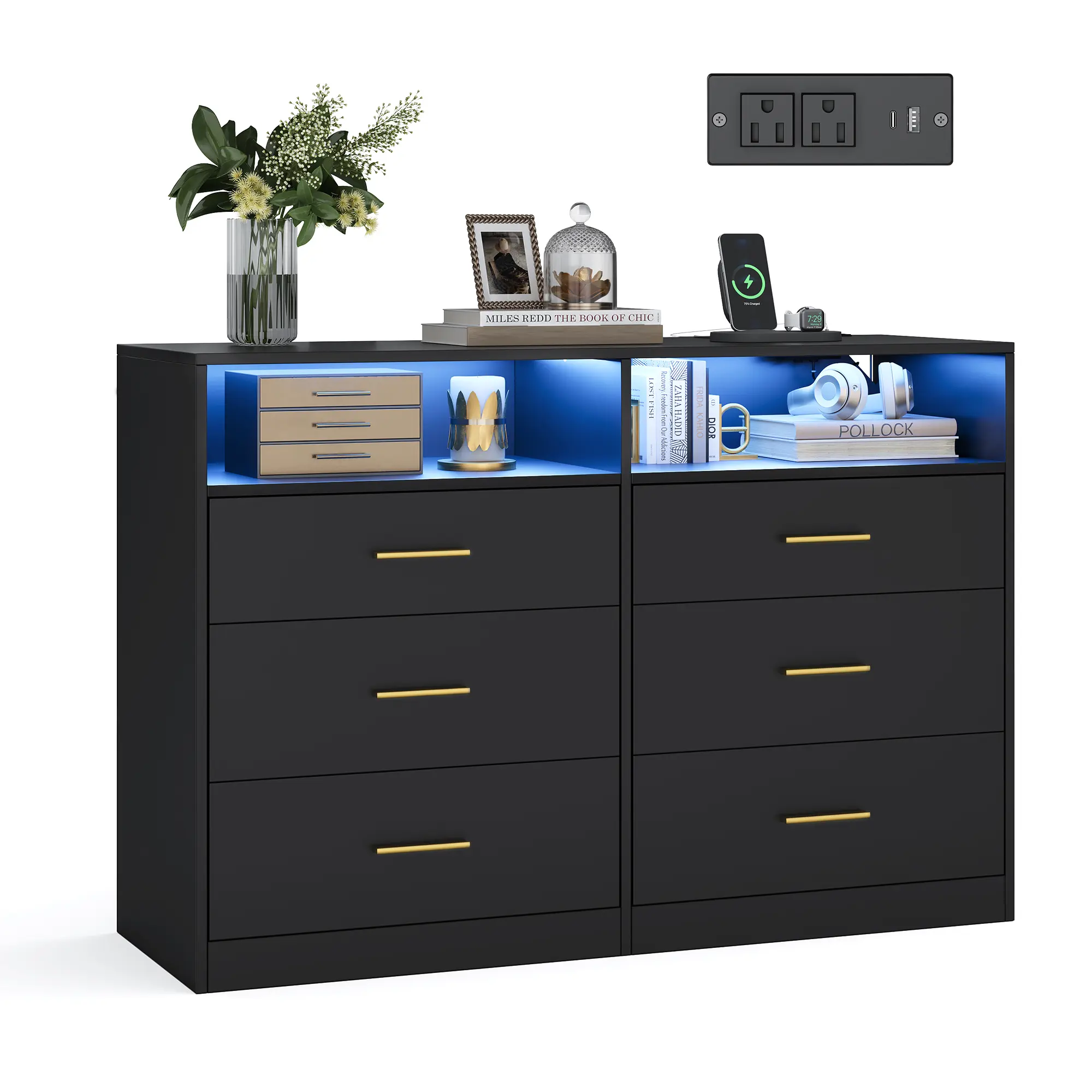 VASAGLE Modern Rectangular Chest of Drawers - Single Multi-Functional Indoor Cupboard with LED Lights, Power Strip, Flat Base for Bedroom Dresser, Living Room TV Stand, Modern Chest Drawers