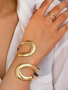 Fashionable Metal U-Shape Bracelet Ring Set, Unique European and American Style Jewelry, Trendy Accessory for Women, Stackable Ring Set