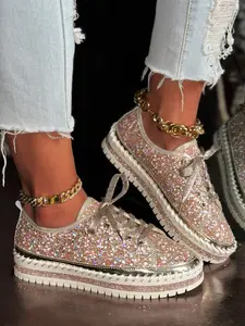 Women's Thick Sole Rhinestone Casual Flat Shoes Sneaker, Fashionable Textile Upper, Rubber Sole, Spring & Fall, Less Than Ankle Height