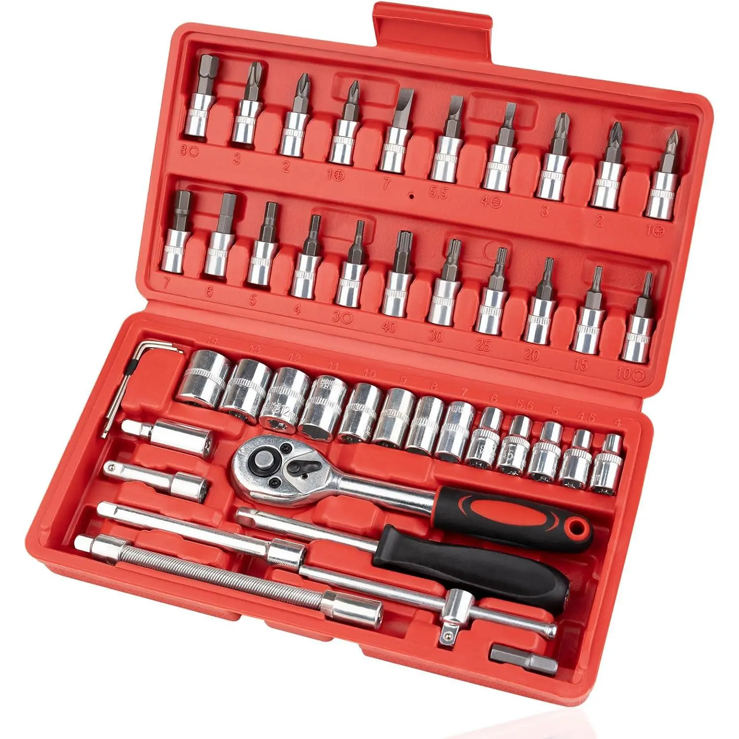 46PCS Drive Ratchet Wrench Screwdriver Set, 1/4 Inch Metric and Ratchet Wrench Set with Extension, Tool Set for Car