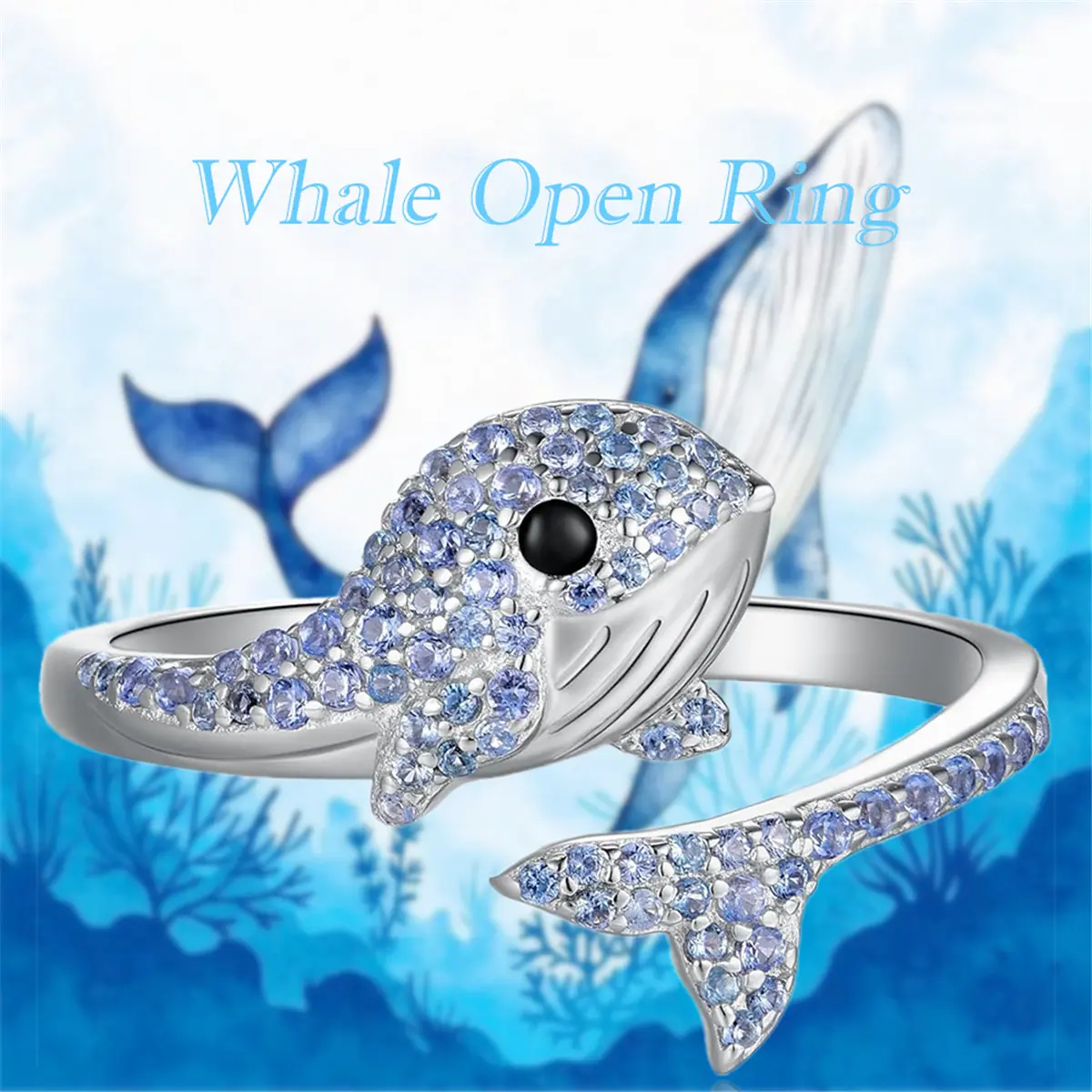 Cute Whale Animal Ring with Creative Sparkling Rhinestones, Adjustable Beach Jewelry for Women, Everyday Party Accessory, Animals, Daily, Open Ring, Sparkle Stones