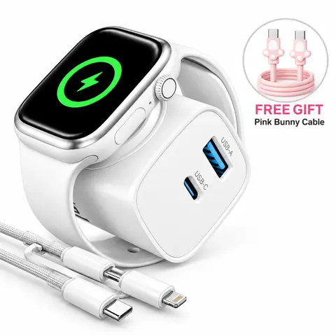 OOI 3-Way Wireless Fast Charging Block - Built-in Magnetic Watch Charger, 20W+18W PD 3.0 Dual-Port, 2-in-1 Cable Included, Compact Travel Charger for iPhone & AirPods (TikTok Shop SohoChic)