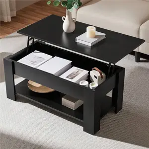 1PC Wooden Lift Top Coffee Table Storage Table With Hidden Compartment And Open Shelf Center Table For Living Room, Black