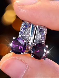 Amethyst & White Zirconia Decorated Earrings, Elegant Jewelry Design for Women for Party, Daily Clothing Decor, Trendy All-match & Exquisite Jewelry for Birthday Gift, High Quality Earrings