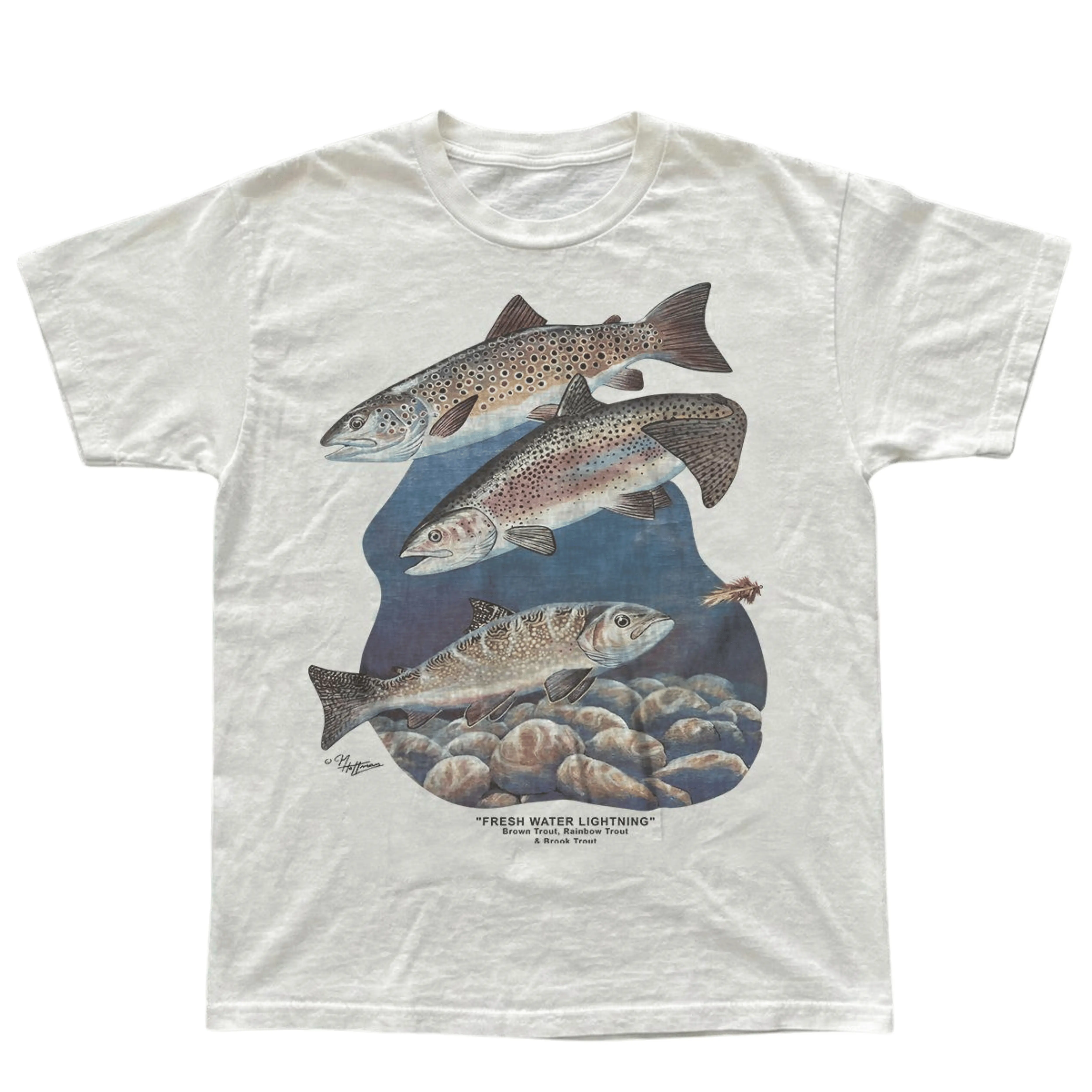 Gildan Men's and Women's T-Shirt, Vintage Style Trout Fresh Water Lightning Graphic Tee, Unisex Casual Top, Fly Fishing Angler Lover Shirt, Retro Freshwater Fish Nature Apparel, Matching Couples Outfits, Unique Birthday Present, Premium Cotton