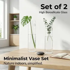 Set of 2 Minimalist High Borosilicate Glass Vases, Clear Cylinder Floral Holders, Modern Simple Vases for Home, Office & Wedding Decor