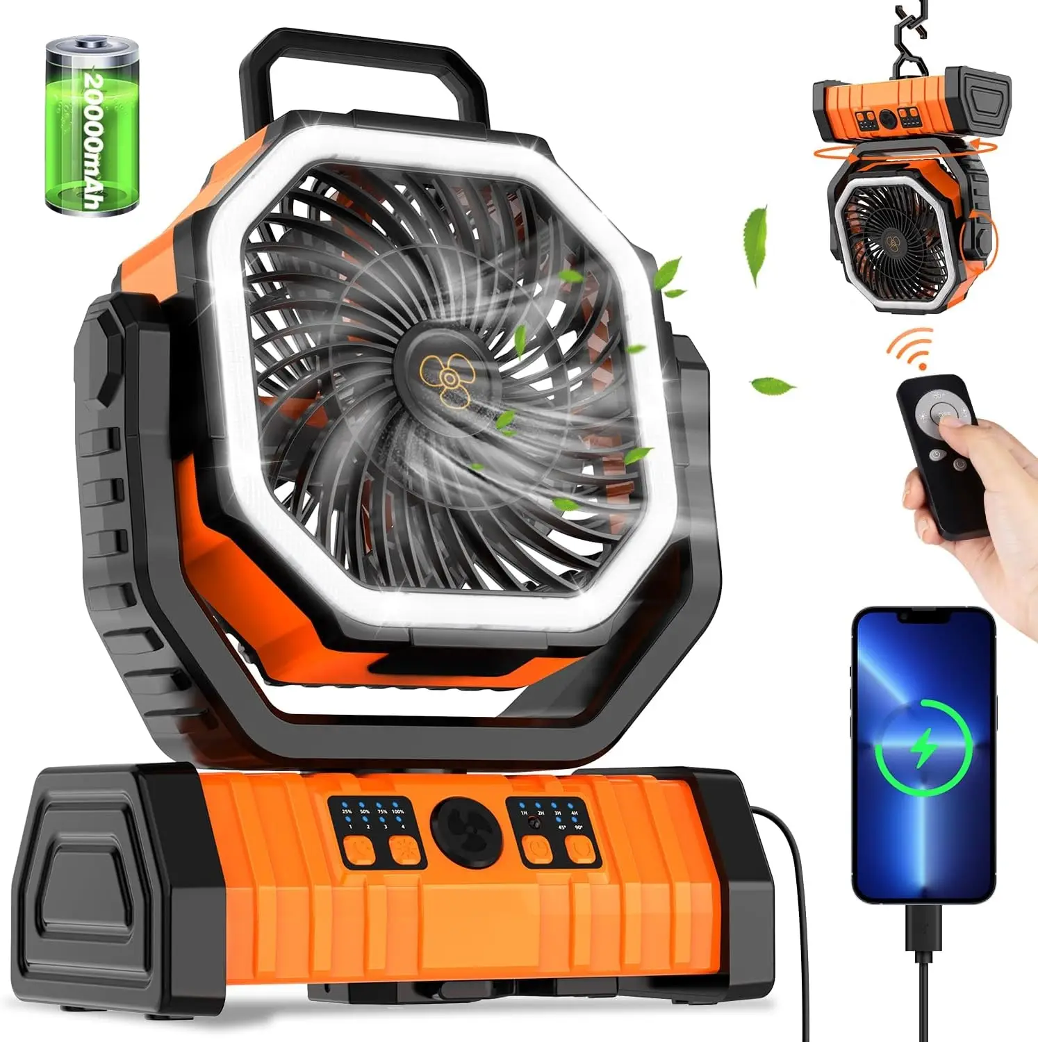 Portable 20000mAh Rechargeable Camping Fan with LED Light & Remote Control - 4-Speed Adjustable, 360° Rotation | Multi-Functional for Camping, Fishing