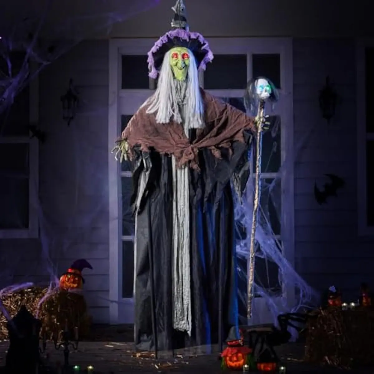 59 Halloween Decorations Outdoor Hanging Witch Talking Decor with Light Up Skull Skeleton Wand, for Front Porch Door Haunted House Party Supplies Sound Activated