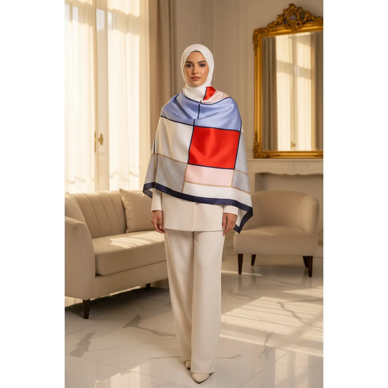 The Essaouira – Blue Colorblock Mondrian Silky Satin Scarf Shawl Wrap