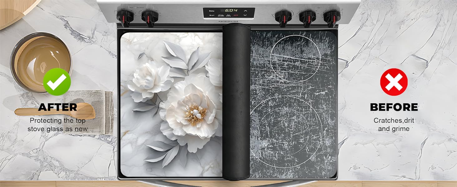 JOYFINITY Heat-Resistant Glass Stove Top Cover with Anti-Slip Rubber Coating – Electric Stove Protector, Scratch-Resistant, Expands Counter Space, Stylish Kitchen Decor (Peony, 28.4*20.5 in)