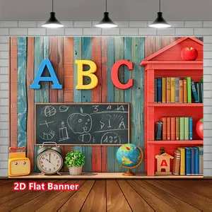 1pc 2D Flat Banner, Vintage ABC Letter Wooden House Backdrop - Polyester, Ideal for Kindergarten Classroom Decorations & First Day of School Photo Booth Props, Teachers