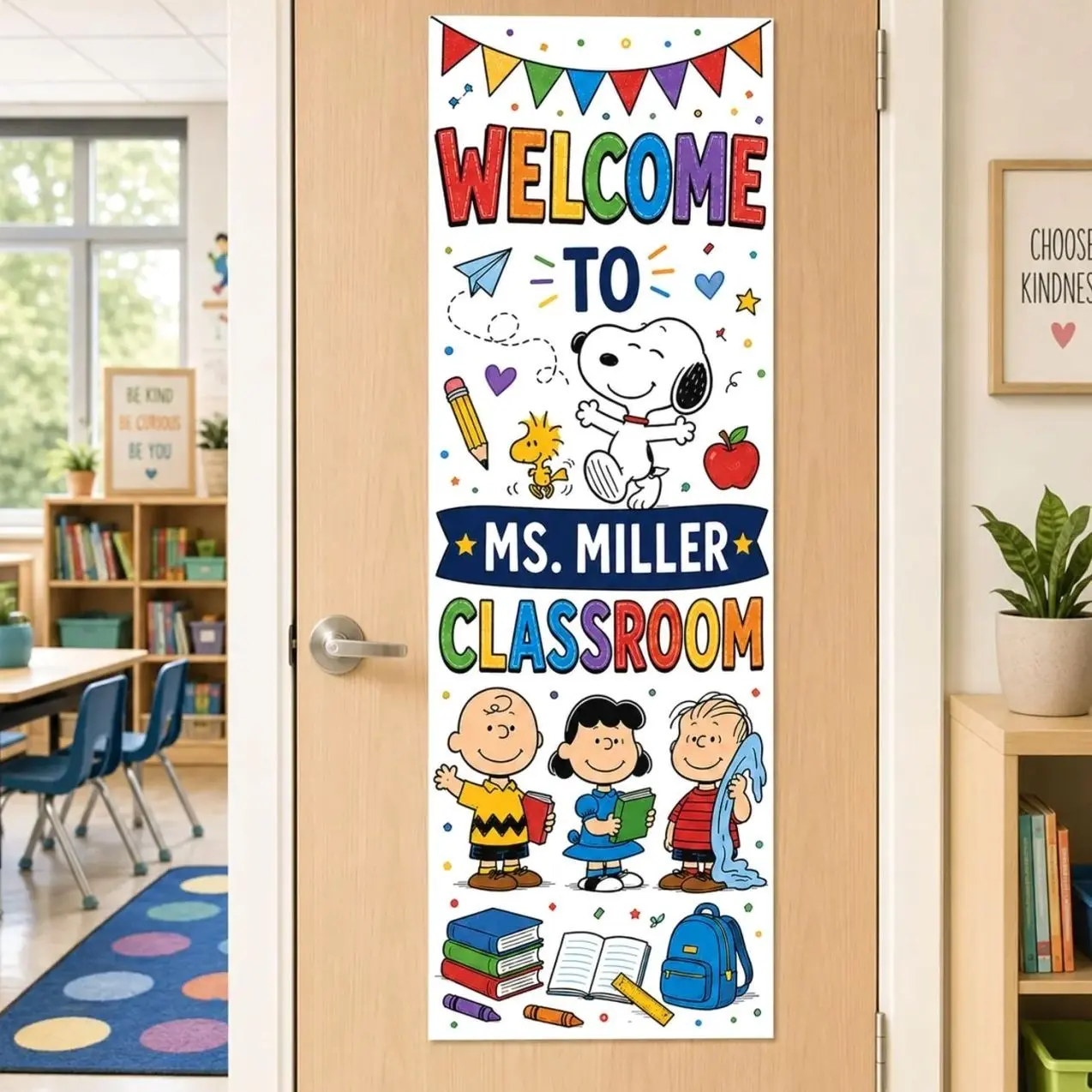 Personalized Classroom Door Banner, Cute Cartoon Teacher Sign, Custom Teacher Name Tapestry