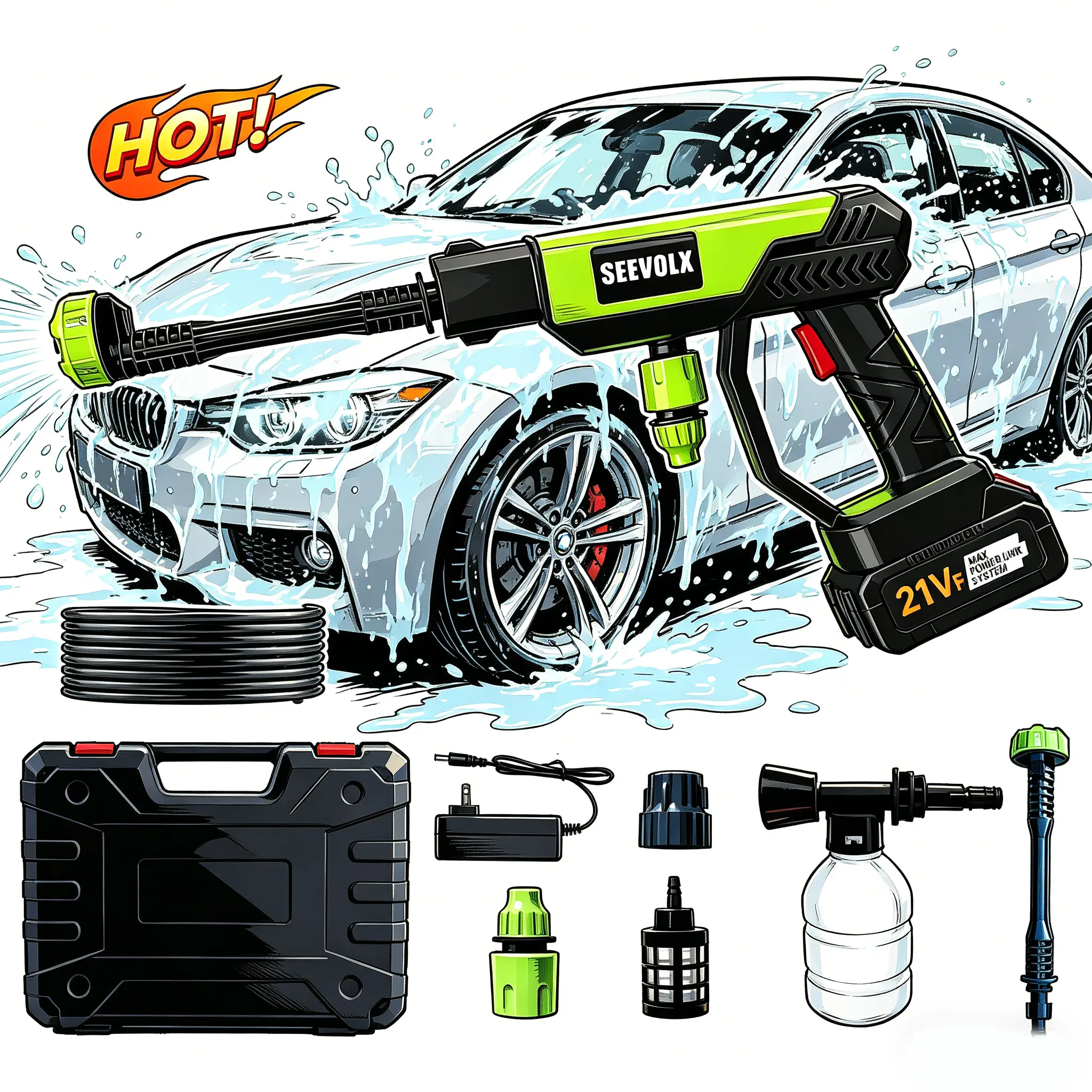 SEEVOLX Cordless 21V Lightweight Electric Power Washer, 2 Batteries Included, for Driveway & Outdoor Deep Cleaning (Automotive Car Washing & Maintenance Washer)