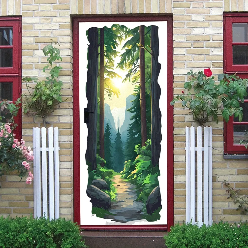 2pcs Forest Path Wall Sticker Stereo Landscape Decal Living Room Entrance Bedroom Decor Removable Self Adhesive Wallpaper Nature Mountain Sun Mural Home Background Wall Decoration Eco Friendly PVC Mater