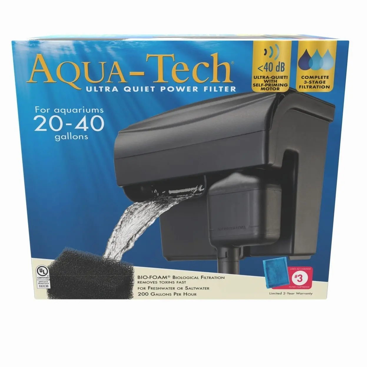Ultra Quiet Power Filter, For Aquariums 20-40 Gallons