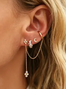 3Pcs Classic 24K Gold Plated Cubic Zirconia Chain Earrings Set For Women Moon Stud Earrings Pack Zircon Hoop Earrings Stack