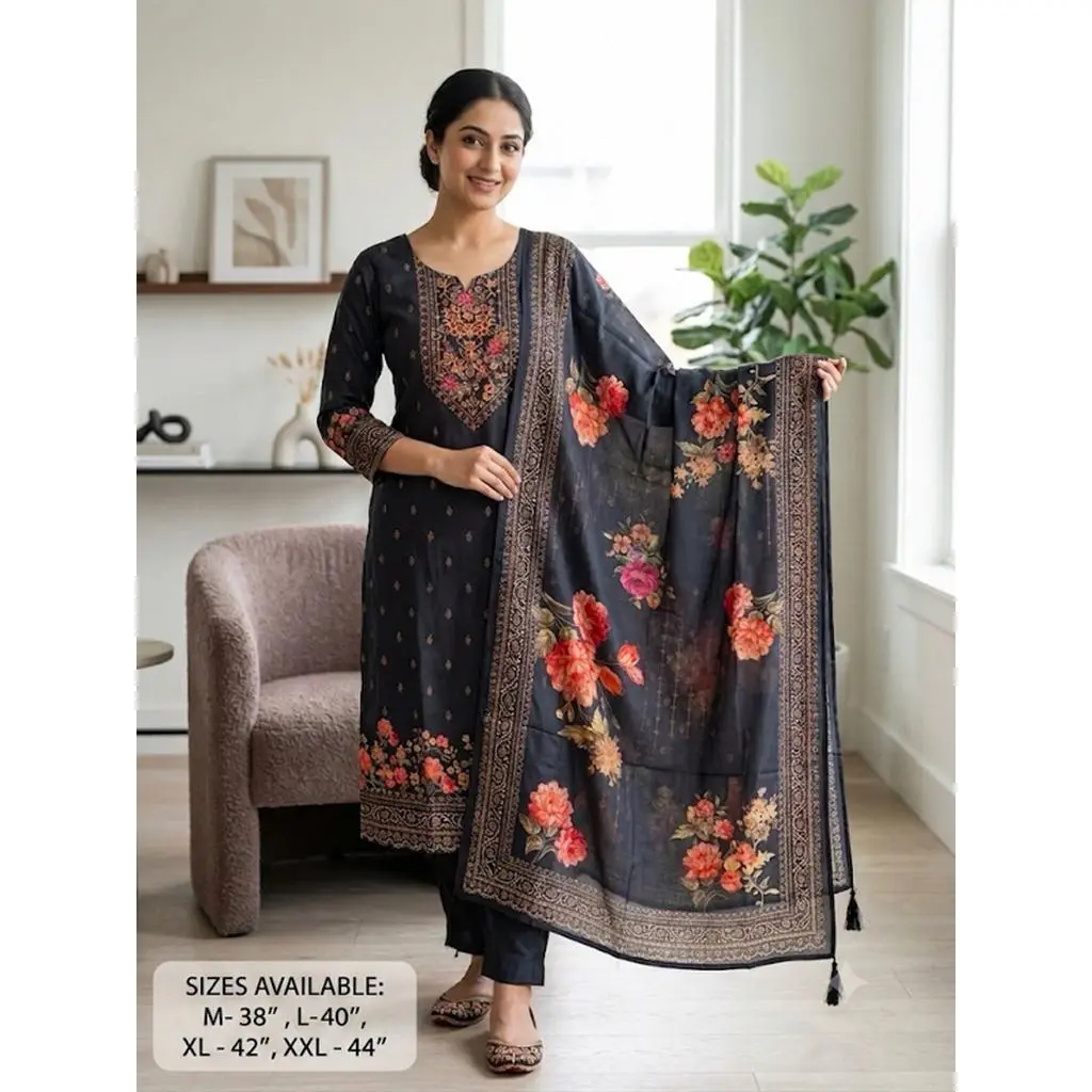 Women's Black Floral Print Kurta Set with Dupatta Elegant Three-Piece Outfit Ethnic Wear Trousers and Casual Kurti Set Traditional Festive Wear M-38" L-40" XL-42" XXL-44"